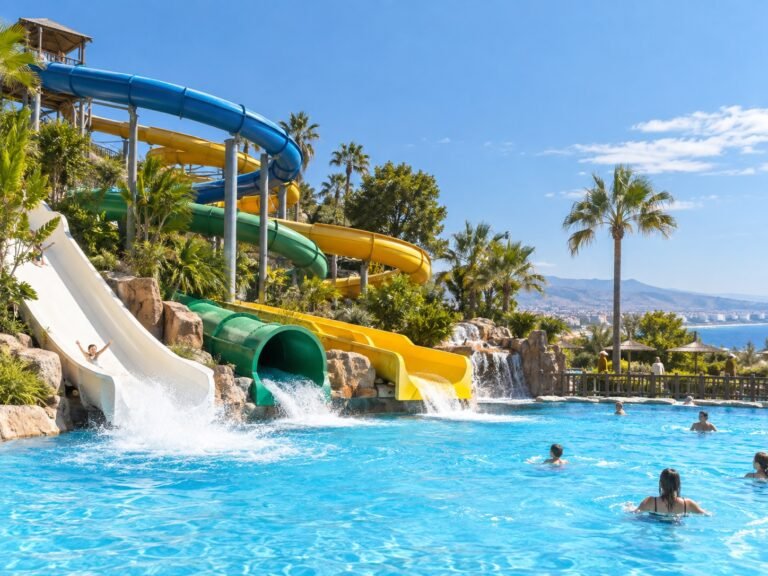 Ilustración IA de un parque acuático con toboganes y piscina en la Costa del Sol