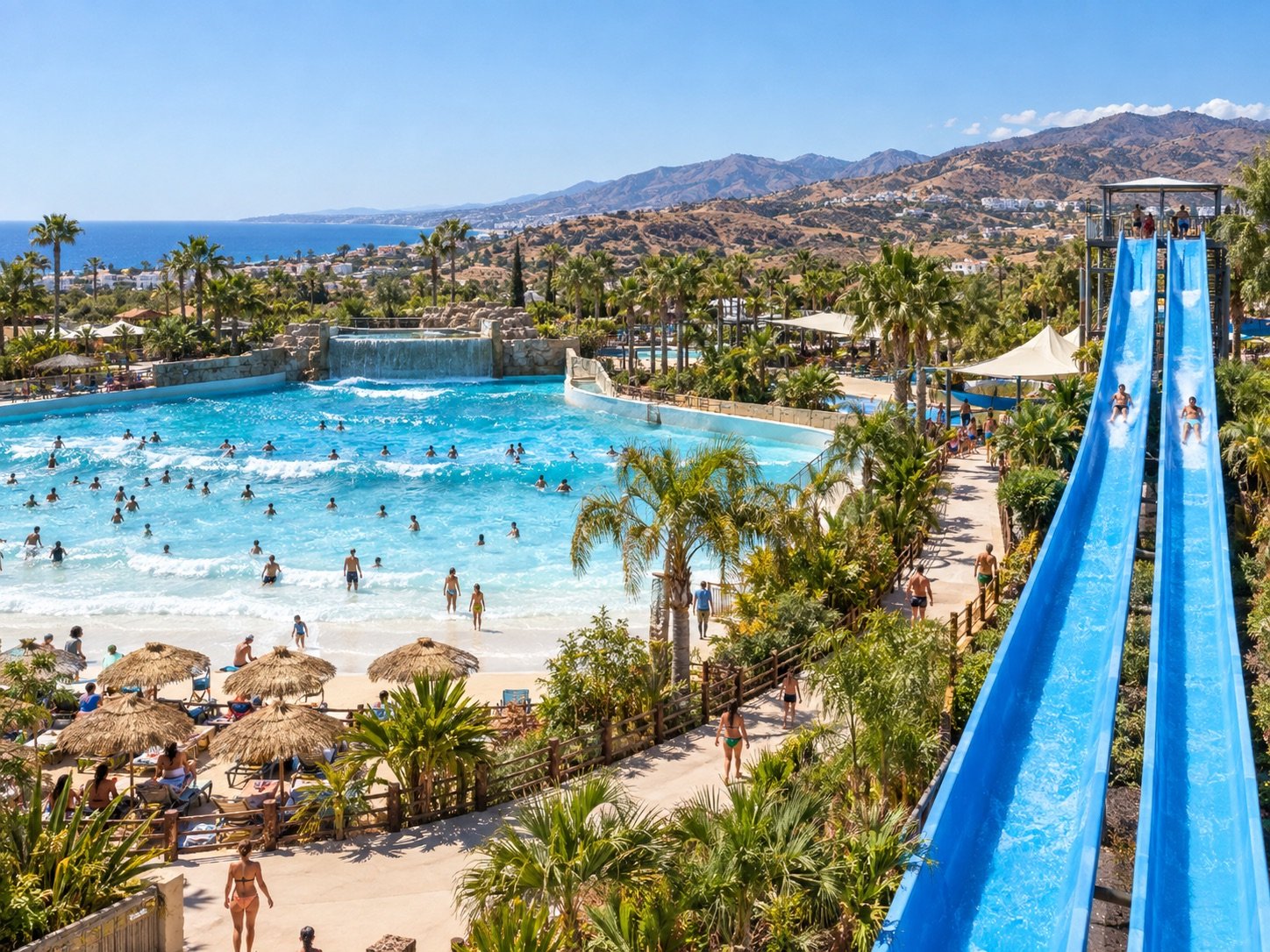 Ilustración IA de una piscina de olas y toboganes en la Axarquía