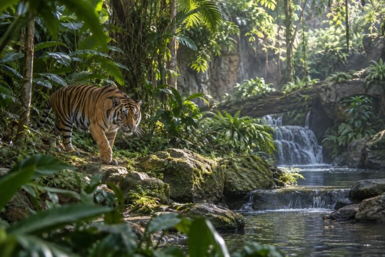 Ilustración IA de un tigre en un hábitat tropical de conservación