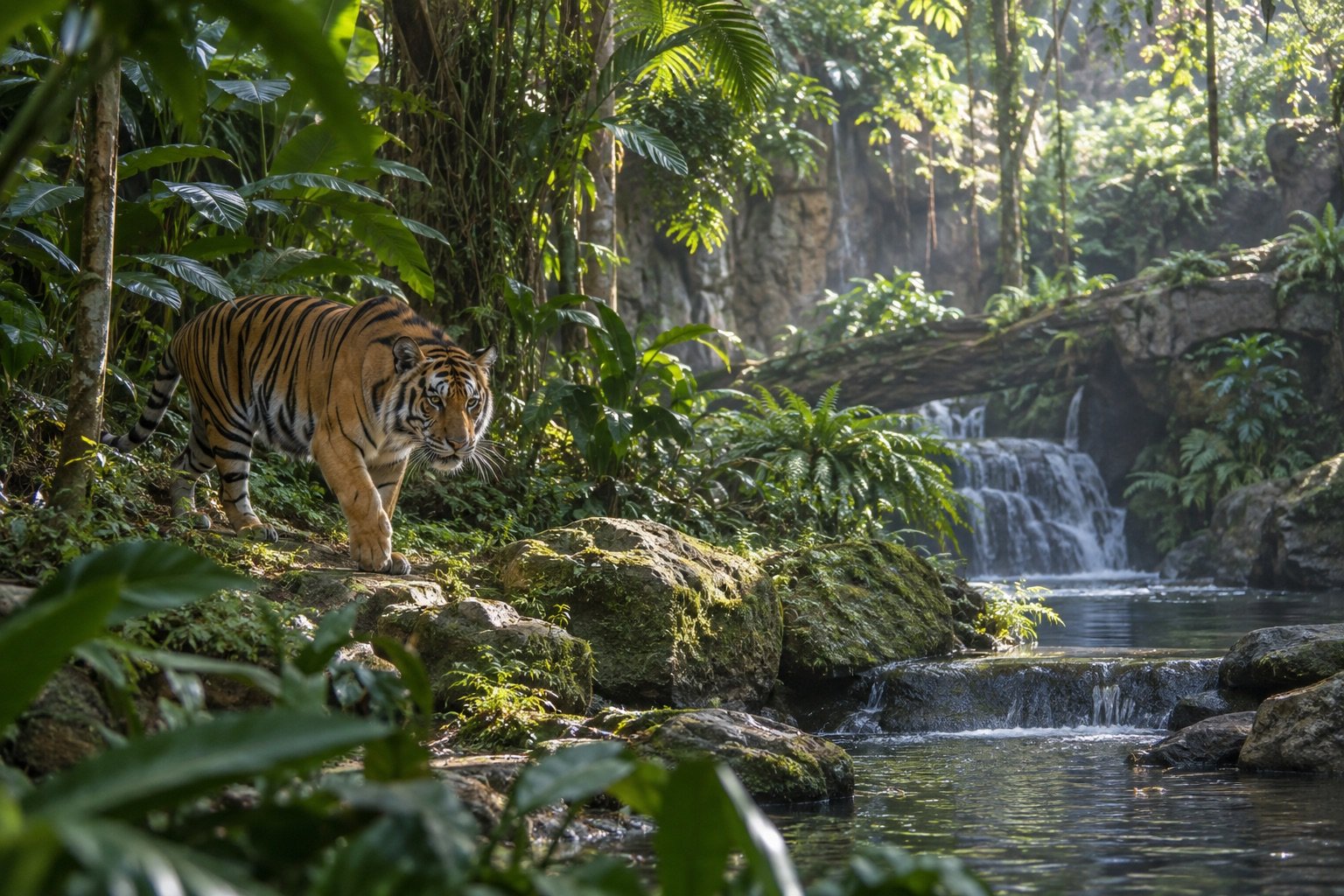 Ilustración IA de un tigre en un hábitat tropical de conservación