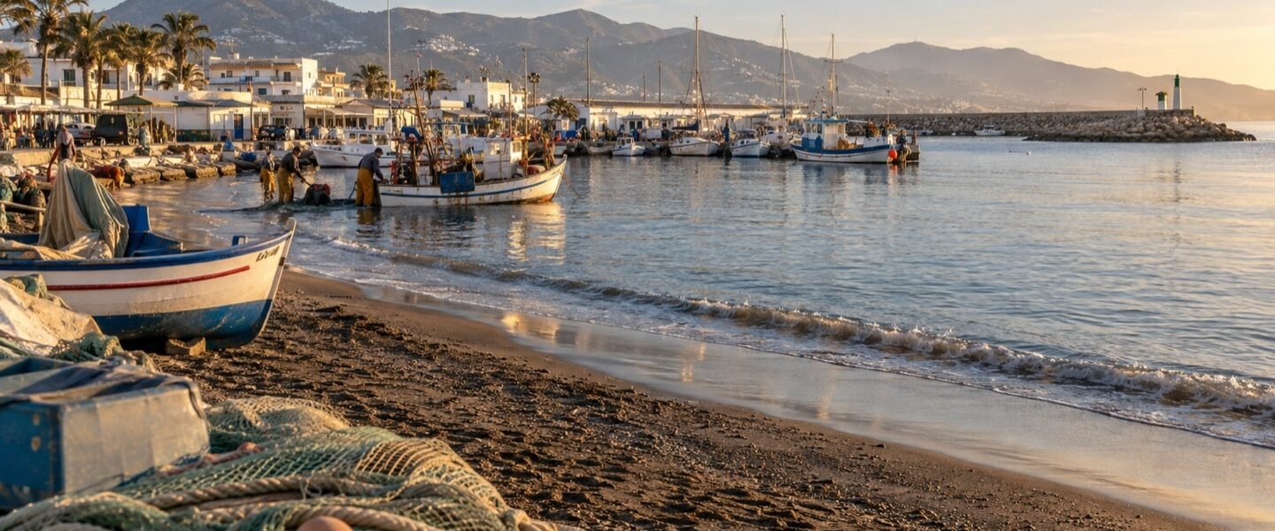 Ilustración IA inspirada en la playa y el puerto pesquero de Caleta de Vélez