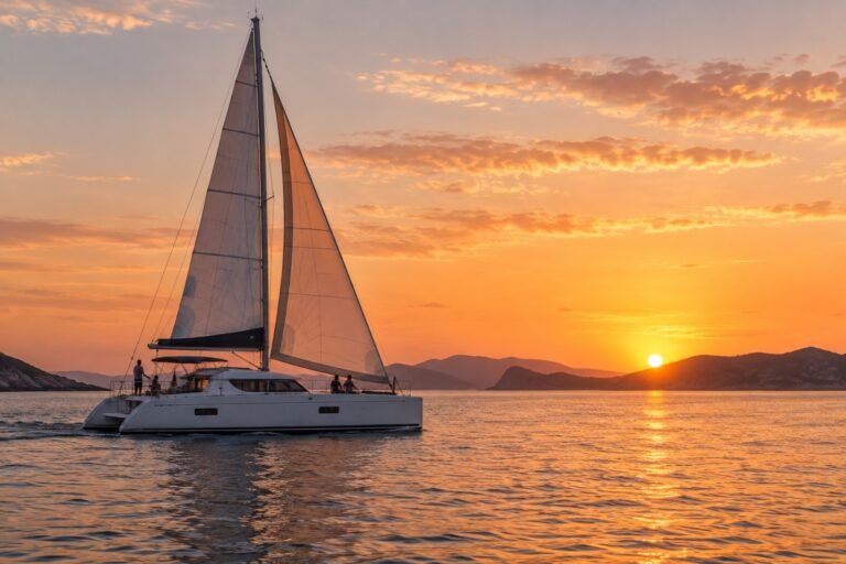 Ilustración IA de un catamarán navegando por el Mediterráneo al atardecer