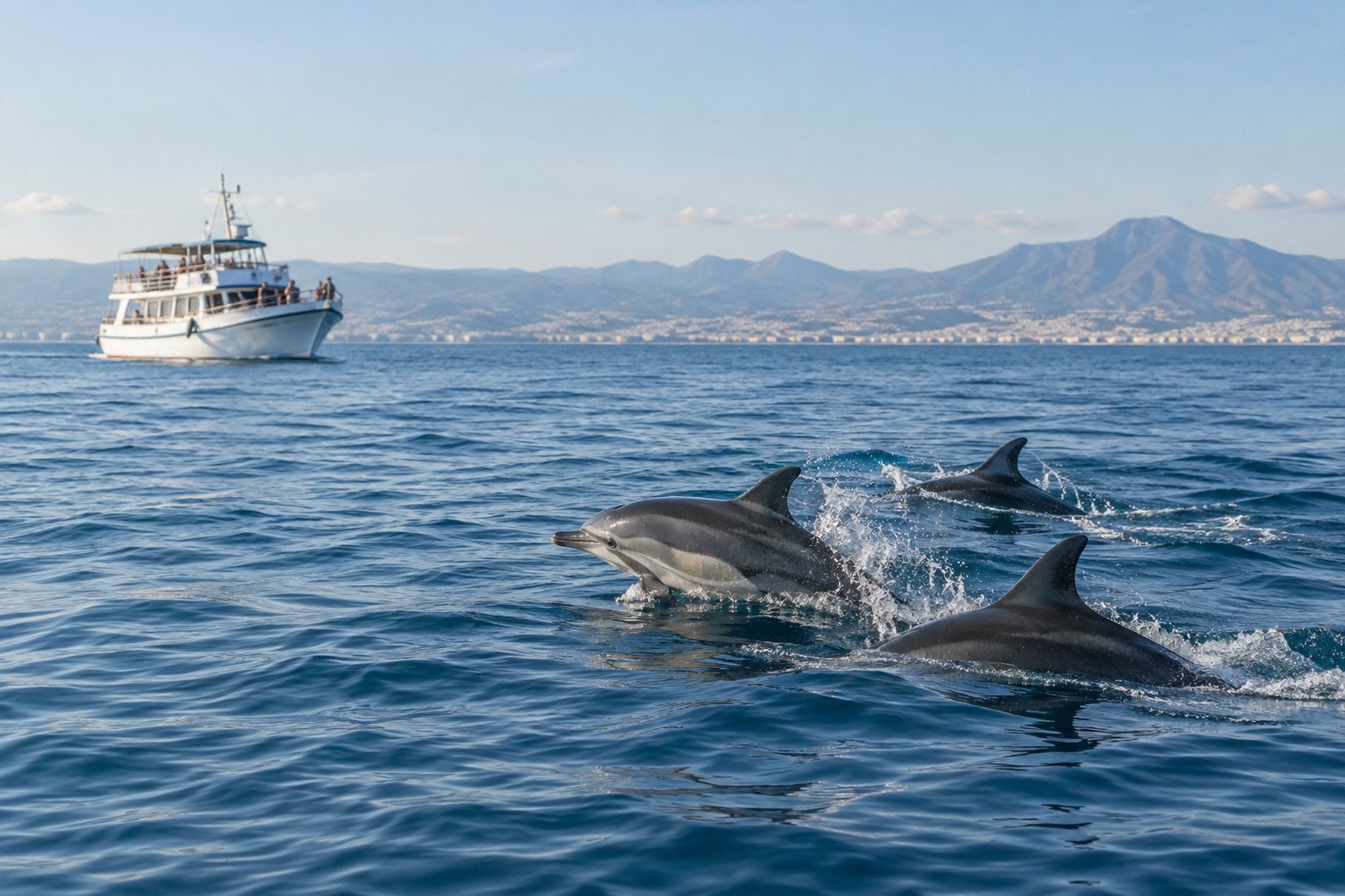 Ilustración IA de un grupo de delfines observado a distancia desde una embarcación
