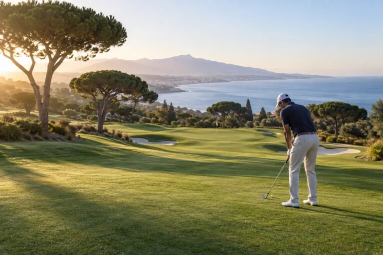 Ilustración IA de un campo de golf de la Costa del Sol con el mar al fondo