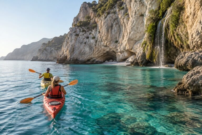 Ilustración IA de dos kayaks junto a una cala y acantilados de la costa de Málaga