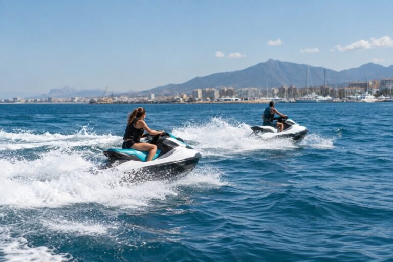 Ilustración IA de dos motos de agua navegando frente a la Costa del Sol
