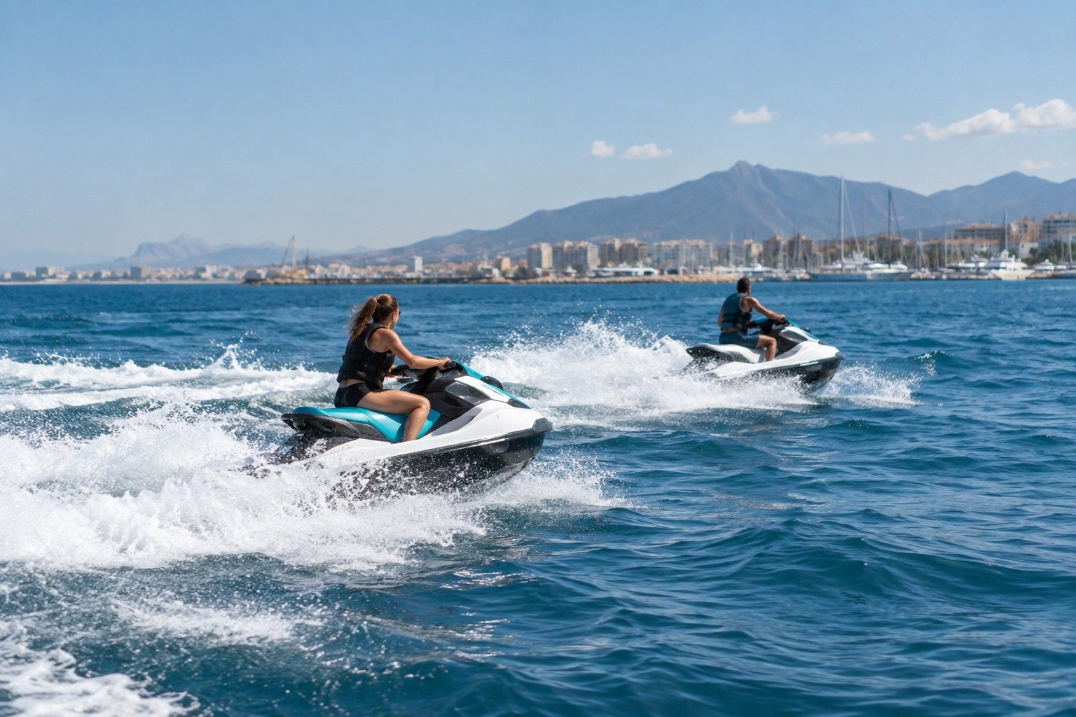 Ilustración IA de dos motos de agua navegando frente a la Costa del Sol