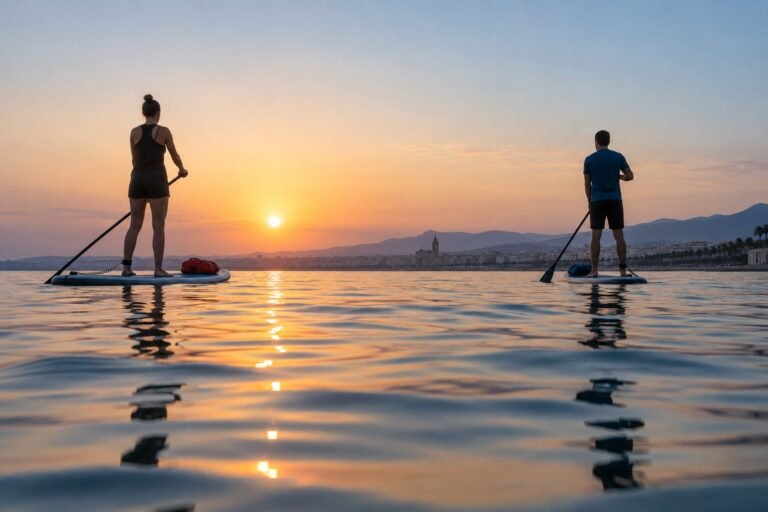 Ilustración IA de dos personas practicando paddle surf al amanecer