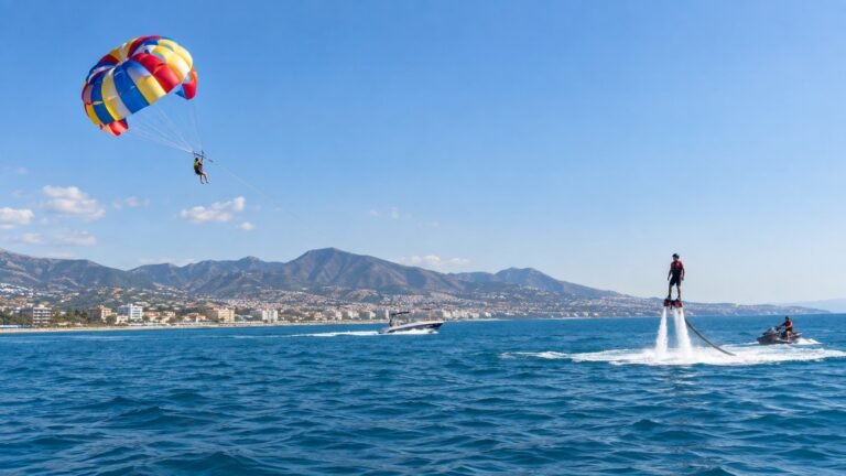 Ilustración IA de parascending y flyboard frente a la costa de Málaga