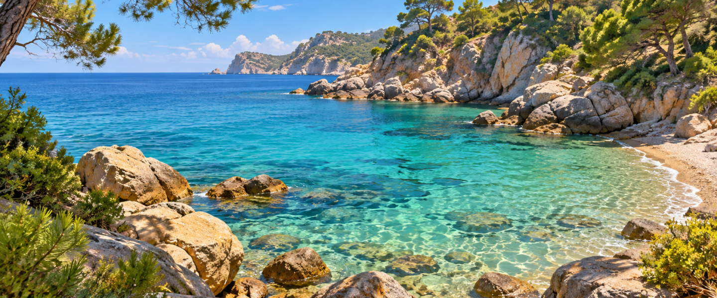 Ilustración genérica de una cala natural mediterránea con rocas y pinos
