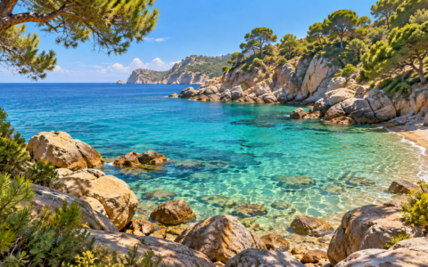 Ilustración genérica de una cala natural mediterránea con rocas y pinos