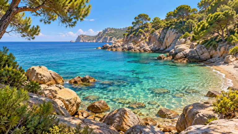 Ilustración genérica de una cala natural mediterránea con rocas y pinos