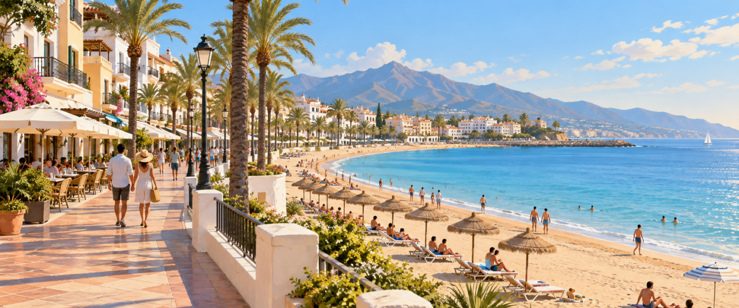 Ilustración genérica de una playa urbana mediterránea con paseo marítimo