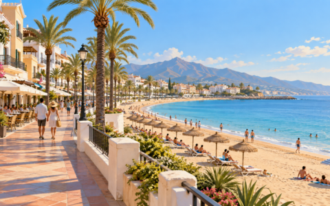 Ilustración genérica de una playa urbana mediterránea con paseo marítimo