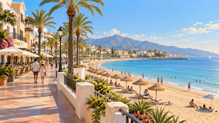 Ilustración genérica de una playa urbana mediterránea con paseo marítimo