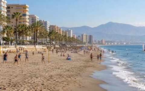 AI illustration inspired by Playamar, its promenade and sports areas