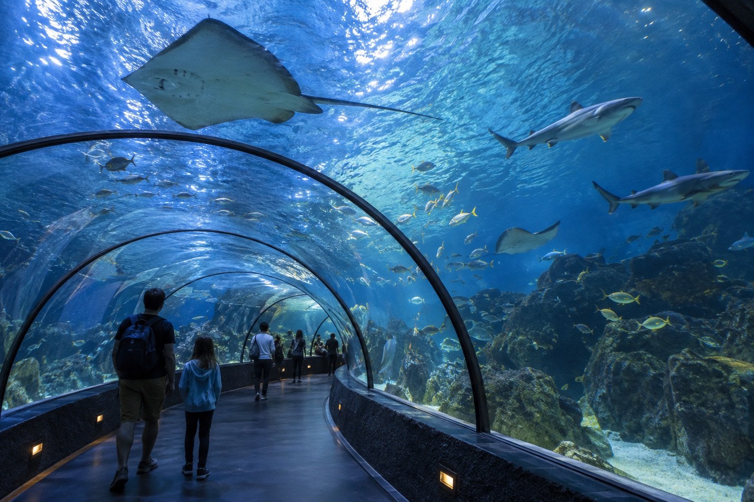Ilustración IA de visitantes en un túnel de acuario con rayas y tiburones