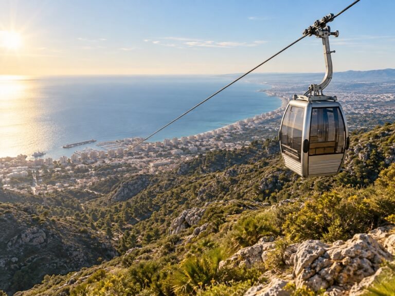 Ilustración IA de una telecabina sobre la costa de Benalmádena